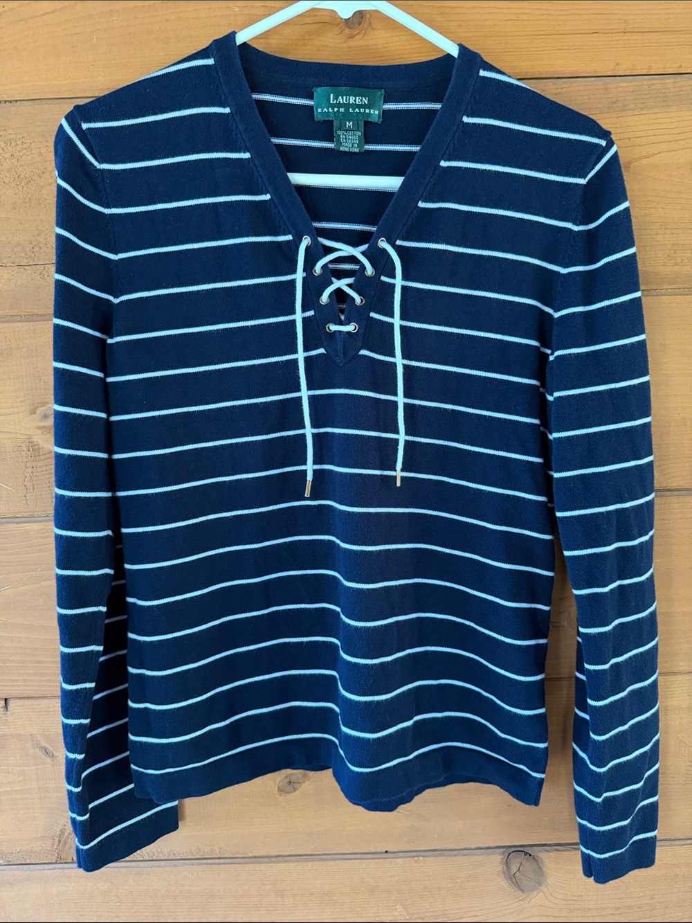 Lauren Ralph Lauren Navy Striped Lace-Up V-Neck Sweater